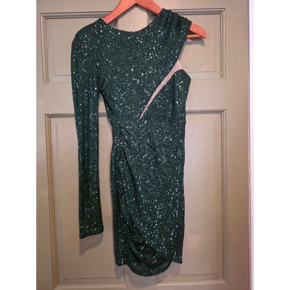 Klesis Emerald Green Sequin One Shoulder Mini Dress S Cutout Cyber Y2K Holiday S
